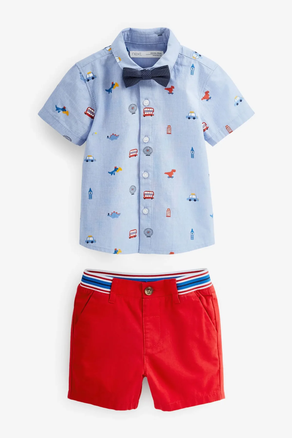 official red shirt and shorts set of with dinosaur design