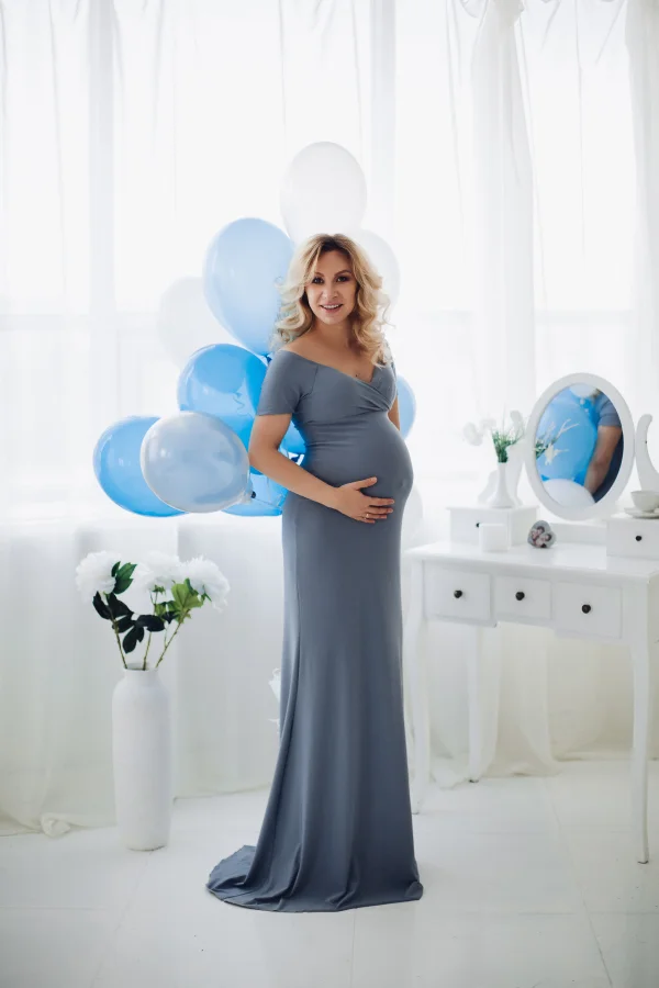gorgeous pregnant woman long gray dress