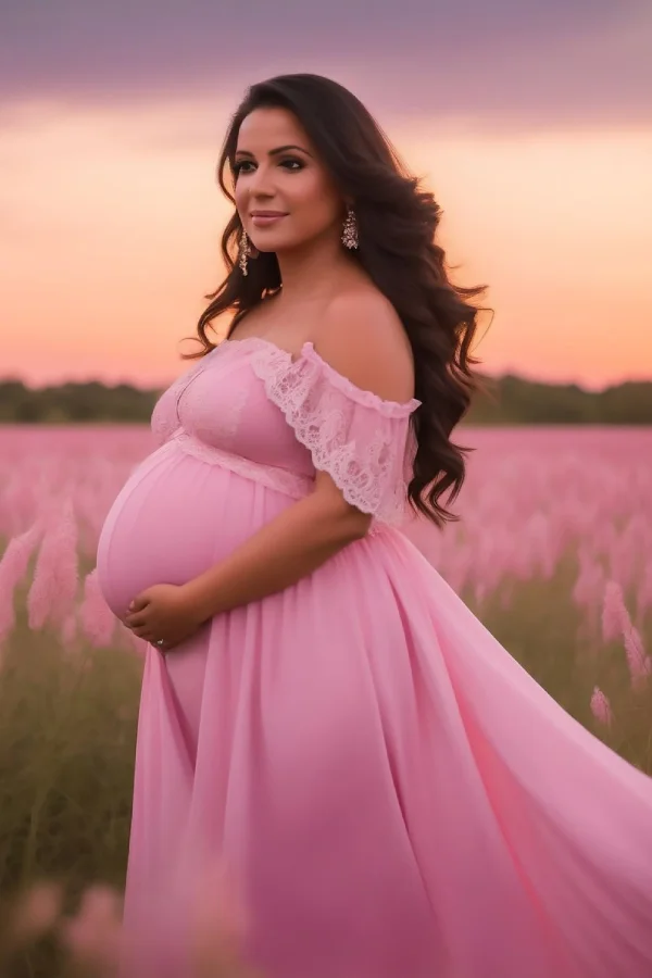 pregnant latin woman posing field flowers