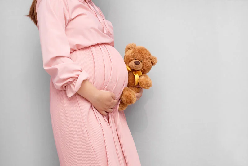 pregnant woman with bear toy